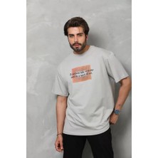 ModaSize Unisex Bisiklet Yaka Baskılı Oversize T-Shirt - Gri