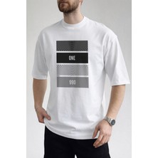 Caddekombin Erkek One Yazılı Konsantrik Çizgi Detaylı Bisiklet Yaka Beyaz T-Shirt