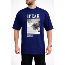 Caddekombin Erkek Modern Yaz Temalı Speak Yazı Baskılı Bisiklet Yaka Lacivert T-Shirt