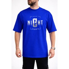Caddekombin Erkek Night Center Yazı Baskılı Bisiklet Yaka Saks Mavi T-Shirt