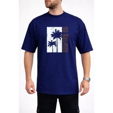 Caddekombin Erkek Palmiye Silüetli Surfing Co Yazı Baskılı Bisiklet Yaka Lacivert T-Shirt