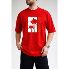 Caddekombin Erkek Palmiye Silüetli Surfing Co Yazı Baskılı Bisiklet Yaka Kırmızı T-Shirt