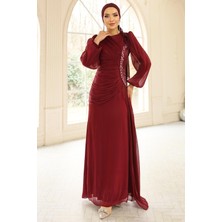 Olcay Inci ve Pilise Detaylı Yoryo Ipek Tesettür Abiye Elbise Bordo 1249