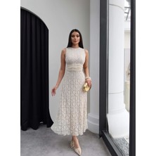 Esra Helvacı Sıfır Kol Bel Drape Güpür Elbise