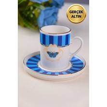 Tabak Evi Porselen Butterfly Collection Altın Yaldızlı Kahve Fincanı 85CC Mavi Tekli