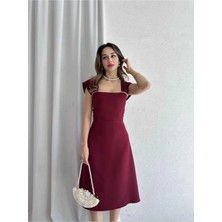 Moda Durağı Sıralı Incili Midi Elbise Bordo