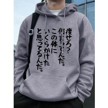 Japon Sanatsal Yazılı Baskılı Erkek Kapüşonlu Sweatshirtleri Sonbahar Cepli Sweatshirt Temel