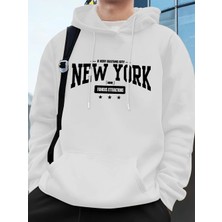 New York Bustling City Baskılı Erkek Tişörtü Kışlık Oversize Kapüşonlu Üst Spor Cepli Polar S