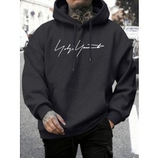 Sanatsal Yazı Desenli Kapüşonlu Üstler Erkekler Sonbahar Polar Yumuşak Uzun Kollu Yuvarlak Ya