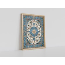 Iskandinav Çerçeveli Geleneksel Türk Halı Desenli Duvar Tablosu - Turkuaz & Beyaz Motifli