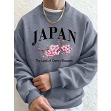 Japonya Kiraz Çiçekleri Ülkesi Baskılı Erkek Kapüşonlu Üstleri Sonbahar Bol Sweatshirt Temel