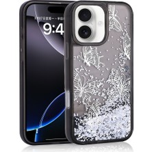 Zore iPhone 16 Uyumlu Kılıf Sıvılı Simli Kelebek Baskılı Şeffaf Arka Yüzey Zprb Glis Silikon Kapak-Siyah