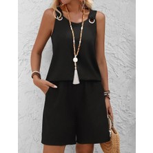 Serac Collection Kadın Askılı Yuvarlak Yaka Kuş Gözü Detaylı Bürümcük Bluz ve Short Ikili Takım