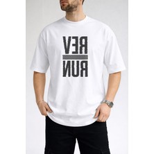 Caddekombin Erkek Run Yazı Baskılı Dalgalı Harf Tasarımlı Bisiklet Yaka Beyaz T-Shirt