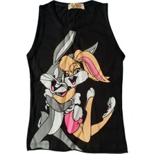 Kız Çocuk Tavşan Baskılı Siyah Tişört