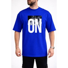 Caddekombin Erkek Doğa Temalı On Yazı Baskılı Bisiklet Yaka Saks Mavi T-Shirt