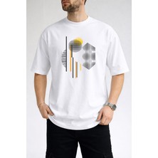 Caddekombin Erkek Geometrik Kavisli Çizgi Baskılı Bisiklet Yaka Beyaz T-Shirt