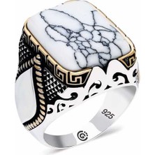 Fumeyabi ​gümüş Çizgili Beyaz Taşlı Köşeli Erkek Yüzük