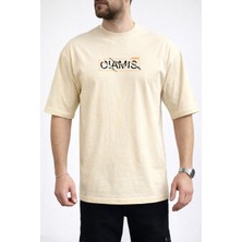 Caddekombin Erkek West Java Yazı Baskılı Bisiklet Yaka Bej T-Shirt