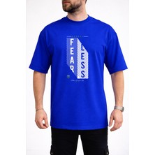 Caddekombin Erkek Fearless Yazı Baskılı Petek Dokulu Bisiklet Yaka Saks Mavi T-Shirt