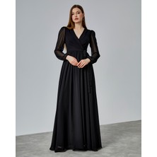 Asees Kruvaze Yaka Kuşaklı Şifon Abiye Elbise