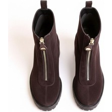 Ne&Ve Shoes Kahve Kadife Önden Metal Fermuarlı Kadın Kalın Topuklu Bot