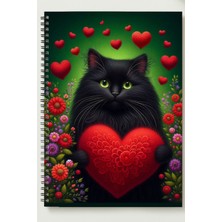 Black-One Sevgililer Günü (Kalp Temalı Black Cat) A5 Metal Spiralli Çizgisiz Kalın Bristol Kapak Kalp Temalı