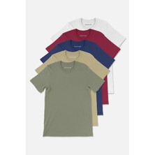 Stoykis Erkek Beyaz Bordo Lacivert Toprak Haki %100 Pamuklu 5 Li T-Shirt Paketi Regular Fit