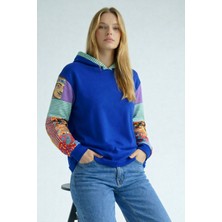 Poupee Kadın Bluz, Kadın Sweatshirt, Kolları Patchwork Detaylı Kadın Sweat Mavi