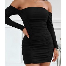 Nova Epoxy Art Kadın Uzun Kollu Omuzlardan Açık Takma Kollu Büzgülü Sandy Kısa Elbise