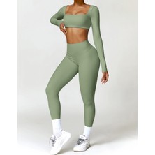 Yuna Sport Kadın Yüksek Bel Arkası Büzgülü Spor Tayt ve Uzun Kollu Spor Üst Spor Takımı