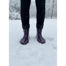 Belix Konçlu Peluşlu Çiçek Desenli Potin Kadın Yağmur Botu 36-40 Mürdüm