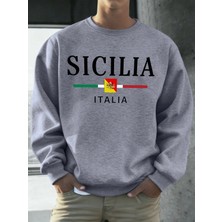 Sicilia Italya Bayrağı Baskılı Kazak Adam O-Boyun Yumuşak Gevşek Sokak Şıklığı Rahat Polar Ho