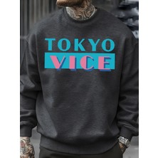 Tokyo Vice Büyük Harfli Baskılı Sweatshirt Erkek Polar Bol Moda Sokak Giyim O-Yaka Sonbahar K