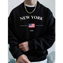 New York Abd Bayrağı Baskılı Erkek Polar Kapüşonlular Spor Günlük Hoody Bisiklet Yaka Cepli S
