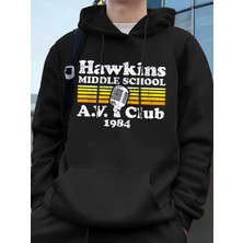 Hawkins Ortaokulu A.v. Club Prints Erkek Kapüşonluları Sonbahar Cepli Kazak Temel Polar Gevşe