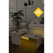 Estoria Home LED Işıklı Terra Traverten Mermer Desen Modern Yeni Nesil Kullanışlı Zigon Olabilen 2'li Orta Sehpa