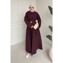 Tesettür Diyarı Bloom Tansel Kumaş Tokalı Ip Bağlamalı Tesettür Elbise- Bordo