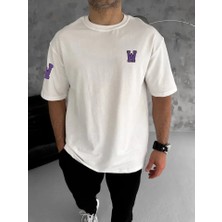 ModaSize Unisex Bisiklet Yaka Baskılı Oversize T-Shirt - Beyaz