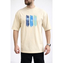 Caddekombin Erkek Üç Blok Palmiye Baskılı Bisiklet Yaka Bej T-Shirt