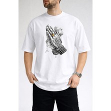 Caddekombin Erkek Dövmeli El ve Dolar Fotoğraf Baskılı Bisiklet Yaka Beyaz T-Shirt