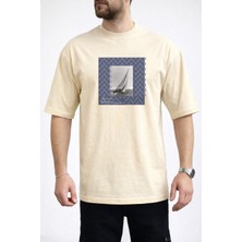 Caddekombin Erkek Modern Grafik Yelkenli Bisiklet Yaka Bej T-Shirt
