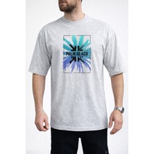 Caddekombin Erkek Turkuaz ve Mavi Palmiye Yaprağı Bisiklet Yaka Gri T-Shirt
