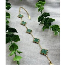 Ekonomik Sepeti Yonca Desenli Zümrüt Yeşili Gold Renkli Çelik Kolye