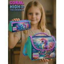 Coral High Mavi Su Yeşili Denizatı Desenli Üç Bölmeli Kalem Çantası ve Thermo Beslenme Çantası