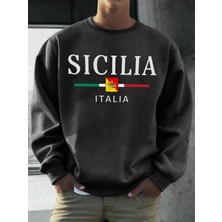Sicilia Italya Bayrağı Baskılı Kazak Adam O-Boyun Yumuşak Gevşek Sokak Şıklığı Rahat Polar Ho