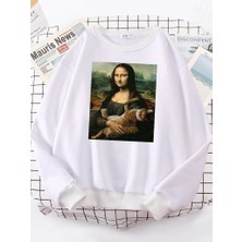 T Shirt Mona Lisa Sarılma Kedi Kawaii Kadın Hoodies Moda Rahat Hoodie Boy Gevşek Tişörtü Sıca