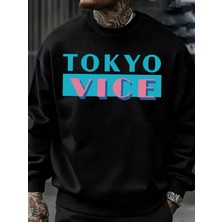 Tokyo Vice Büyük Harfli Baskılı Sweatshirt Erkek Polar Bol Moda Sokak Giyim O-Yaka Sonbahar K