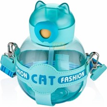 Hype Store 720ML Sevimli Kedi Silikon Pipetli Özel Kılıflı ve Askılı Polikarbon Çocuk Su Matarası (Turkuaz)
