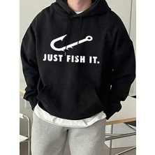 Just Fish It Balık Kancası Desenli Baskılı Erkek Kapüşonlu Sweatshirt Moda Polar Sıcak Kazak